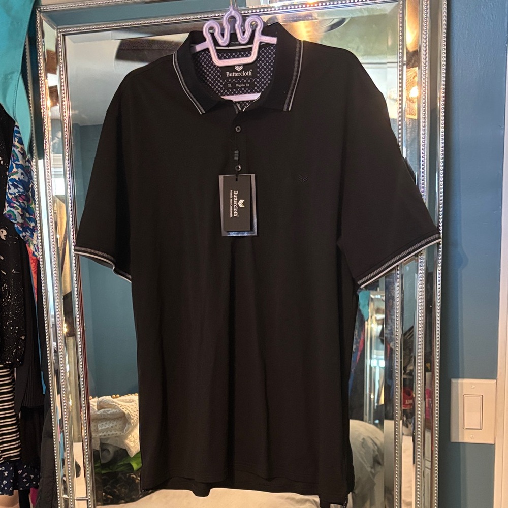 Buttercloth Men's Black Polo Shirt with White Trim